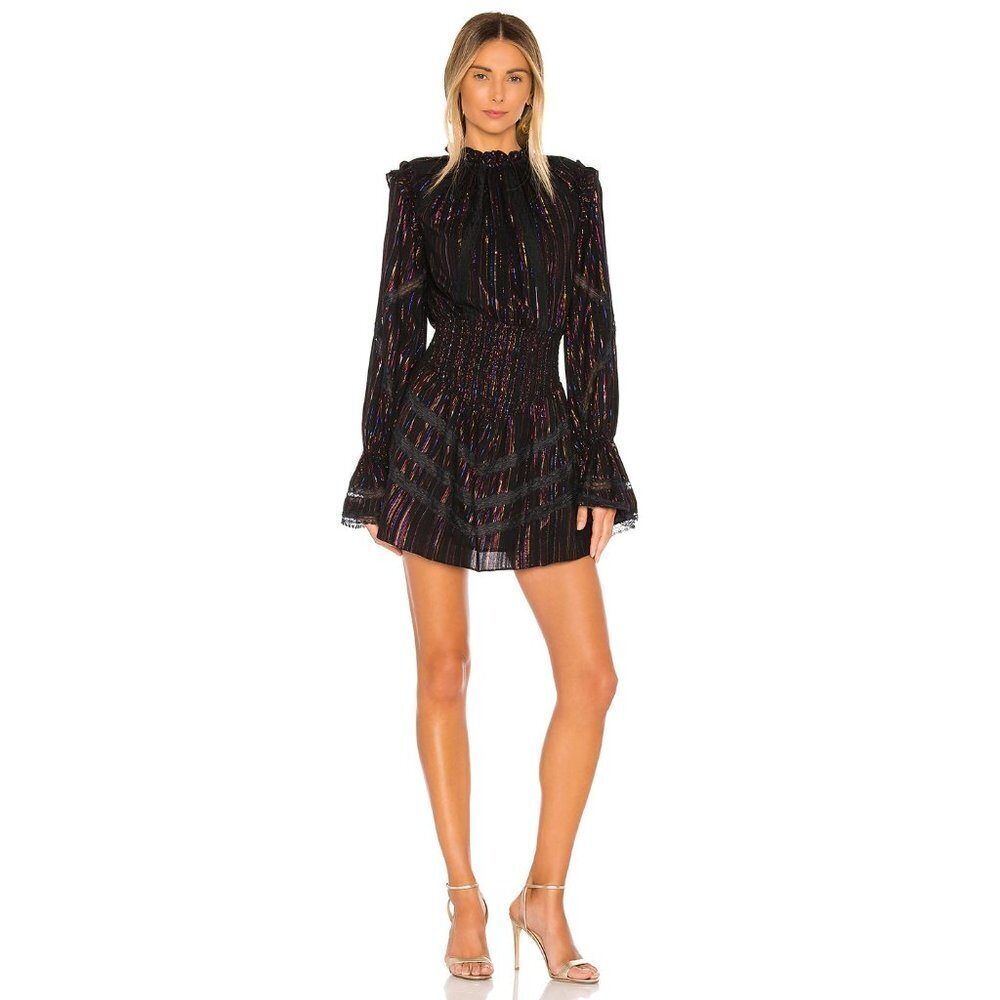 NWT Rococo Sand black & metallic fibre ruffle & lace accent mini dress, S